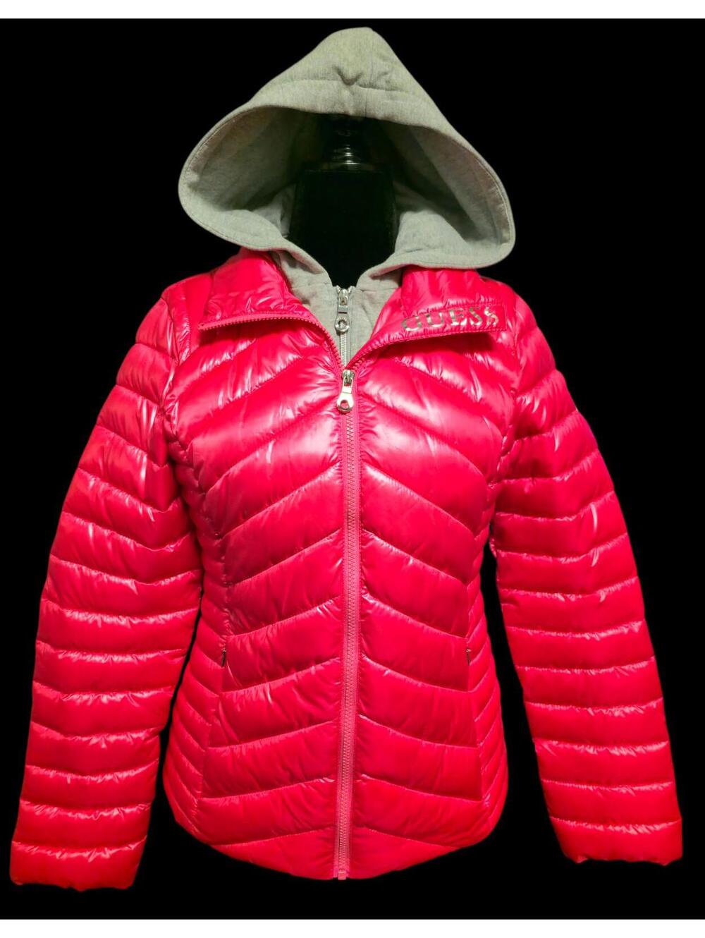 Women's Hot Pink "Guess" Puffer Coat With Removable Gray Hood Piece Size MED